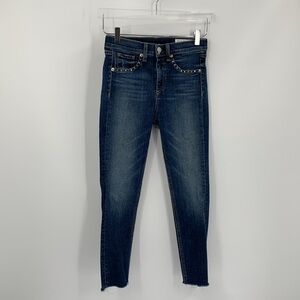Rag & Bone 10" capri jeans Cadiz stud cropped denim blue raw frayed hem women 26